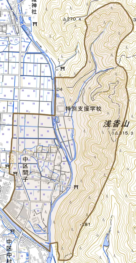 中区間子とその周辺の地図。町の範囲を重ねている