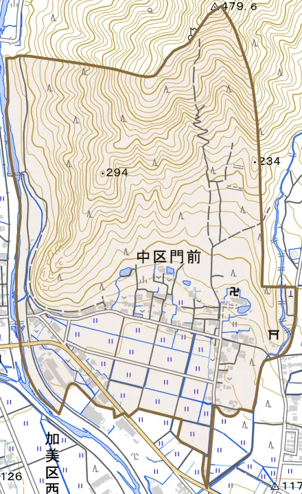 中区門前とその周辺の地図。町の範囲を重ねている