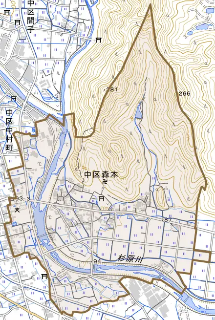 中区森本とその周辺の地図。町の範囲を重ねている