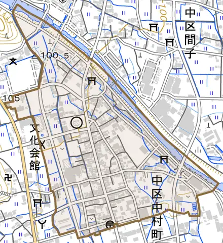 中区中村町とその周辺の地図。町の範囲を重ねている