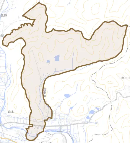 中区西安田とその周辺の地図。町の範囲を重ねている