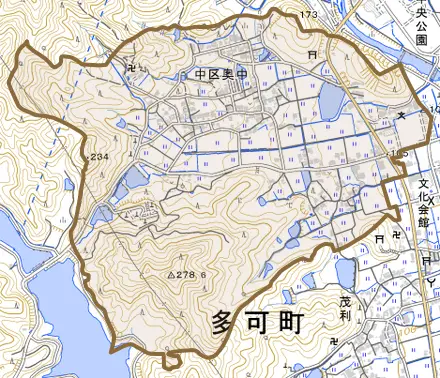 中区奥中とその周辺の地図。町の範囲を重ねている