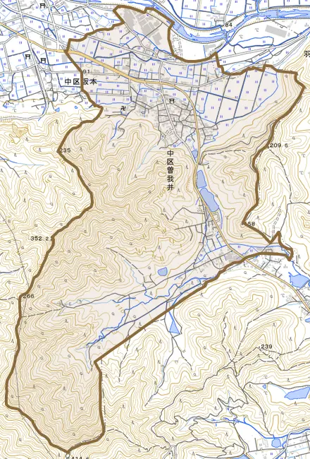中区曽我井とその周辺の地図。町の範囲を重ねている