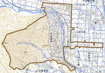 中区高岸とその周辺の地図。町の範囲を重ねている