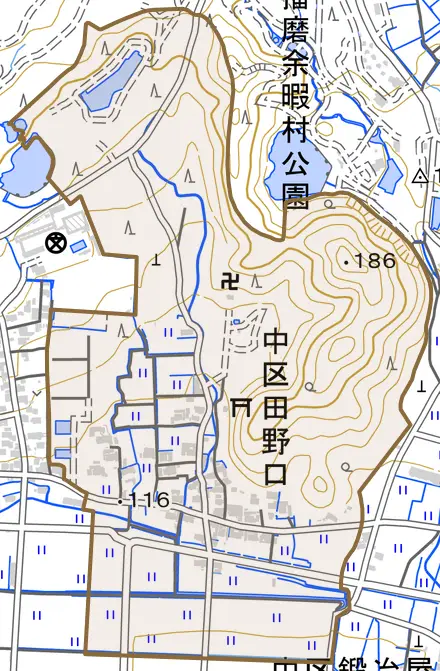 中区田野口とその周辺の地図。町の範囲を重ねている