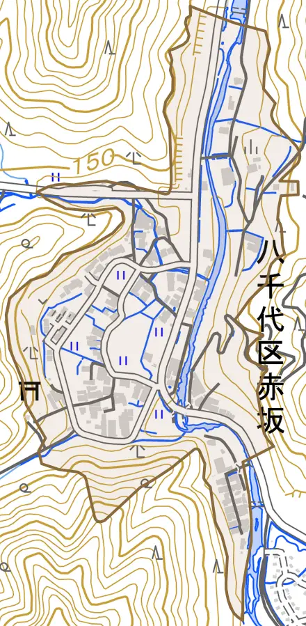八千代区赤坂とその周辺の地図。町の範囲を重ねている