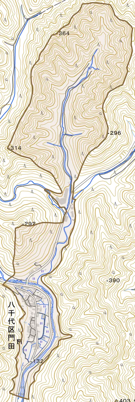 八千代区門田とその周辺の地図。町の範囲を重ねている