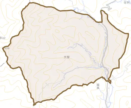 八千代区大屋とその周辺の地図。町の範囲を重ねている