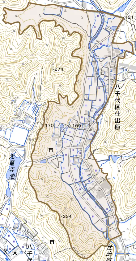 八千代区仕出原とその周辺の地図。町の範囲を重ねている