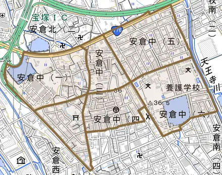 安倉中とその周辺の地図。町の範囲を重ねている