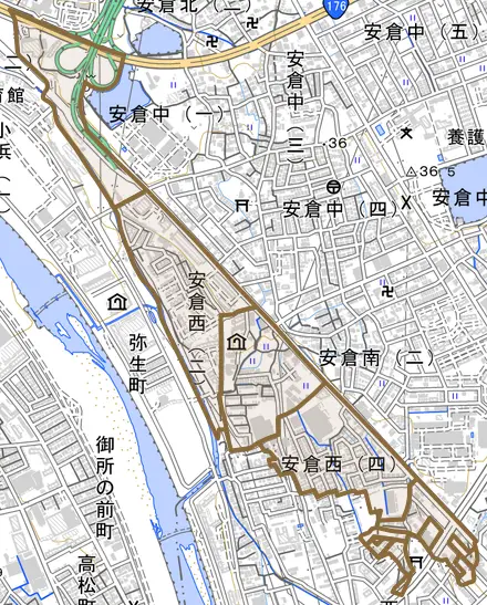 安倉西とその周辺の地図。町の範囲を重ねている