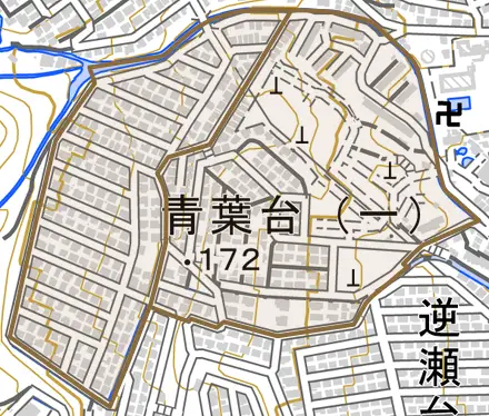 青葉台とその周辺の地図。町の範囲を重ねている