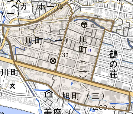 旭町とその周辺の地図。町の範囲を重ねている