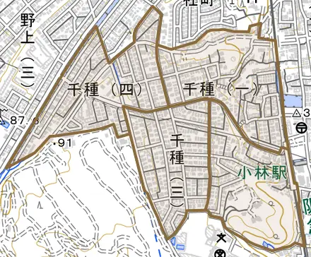 千種とその周辺の地図。町の範囲を重ねている