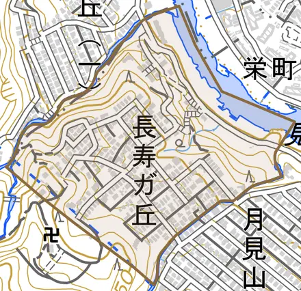 長寿ガ丘とその周辺の地図。町の範囲を重ねている