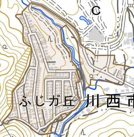 ふじガ丘とその周辺の地図。町の範囲を重ねている
