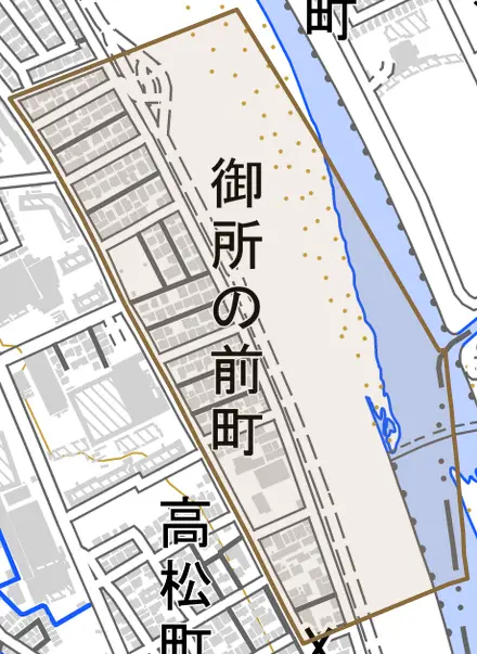 御所の前町とその周辺の地図。町の範囲を重ねている