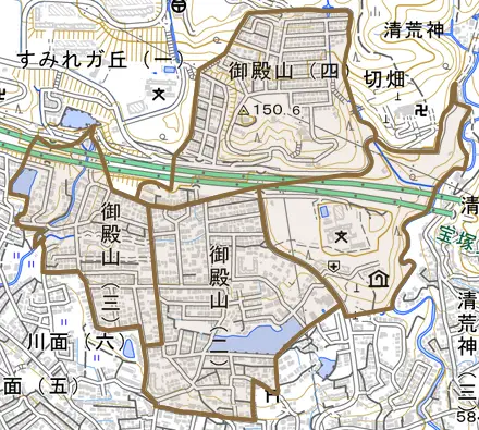 御殿山とその周辺の地図。町の範囲を重ねている