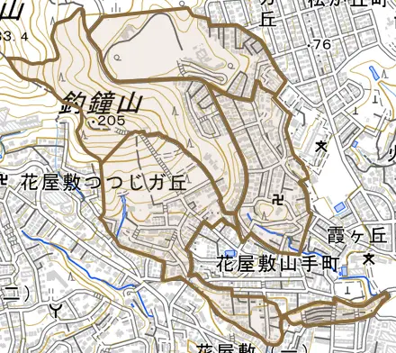 花屋敷荘園とその周辺の地図。町の範囲を重ねている