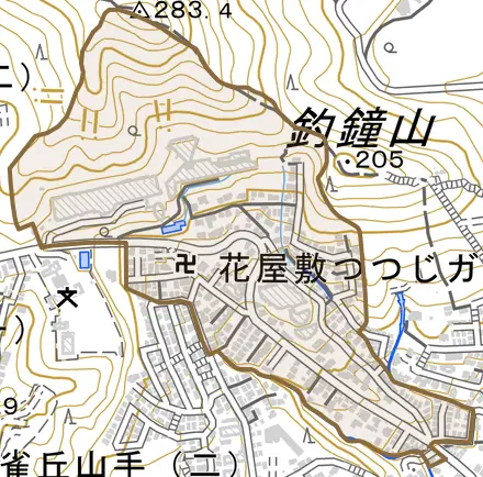 花屋敷つつじガ丘とその周辺の地図。町の範囲を重ねている