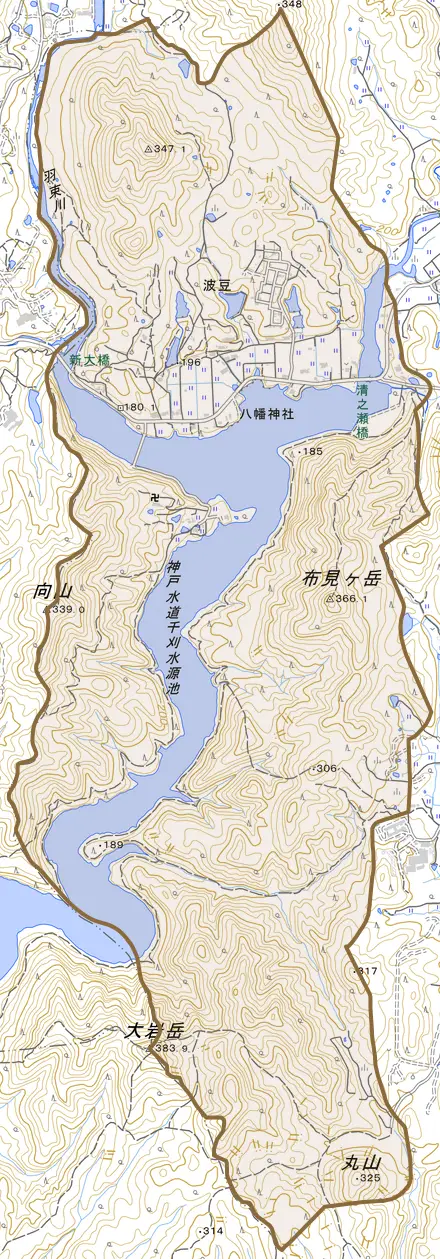 波豆とその周辺の地図。町の範囲を重ねている