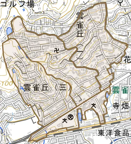 雲雀丘とその周辺の地図。町の範囲を重ねている