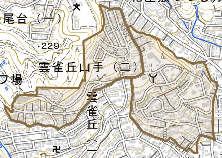 雲雀丘山手とその周辺の地図。町の範囲を重ねている
