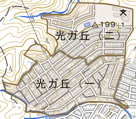 光ガ丘とその周辺の地図。町の範囲を重ねている
