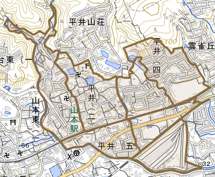 平井とその周辺の地図。町の範囲を重ねている