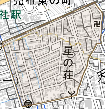 星の荘とその周辺の地図。町の範囲を重ねている