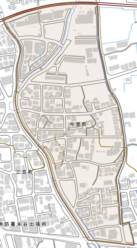 今里町とその周辺の地図。町の範囲を重ねている