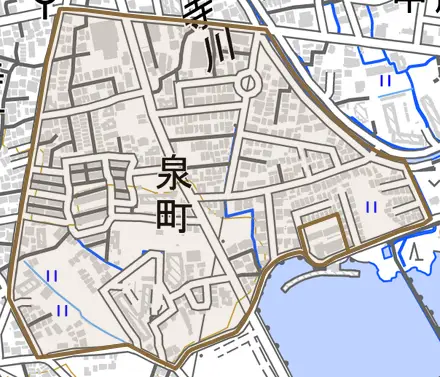 泉町とその周辺の地図。町の範囲を重ねている