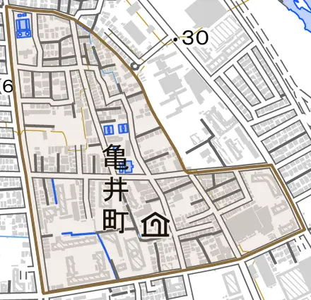亀井町とその周辺の地図。町の範囲を重ねている