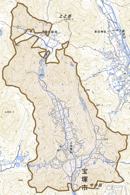 上佐曽利とその周辺の地図。町の範囲を重ねている