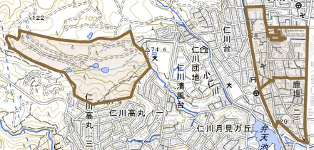 鹿塩とその周辺の地図。町の範囲を重ねている