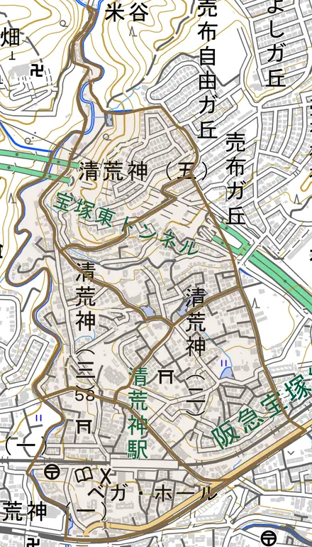 清荒神とその周辺の地図。町の範囲を重ねている