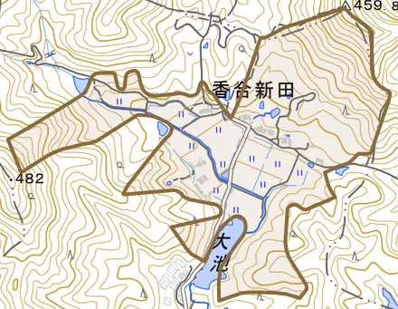 香合新田とその周辺の地図。町の範囲を重ねている