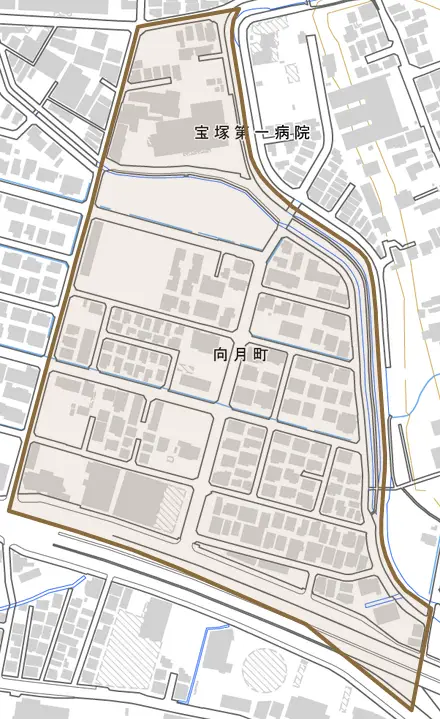 向月町とその周辺の地図。町の範囲を重ねている