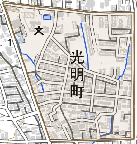 光明町とその周辺の地図。町の範囲を重ねている