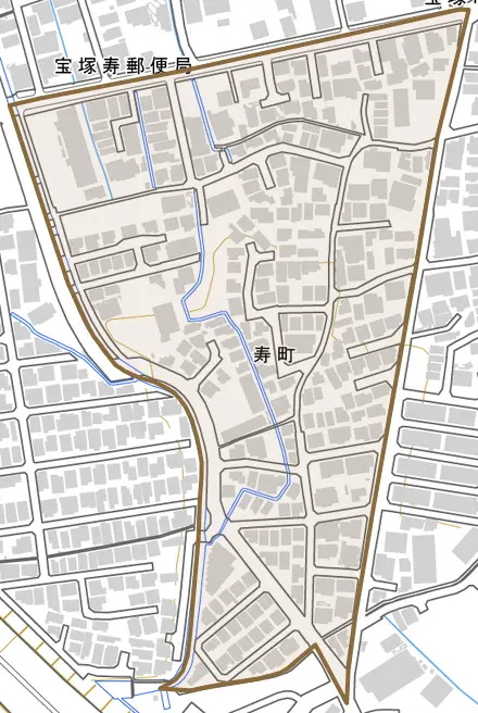 寿町とその周辺の地図。町の範囲を重ねている