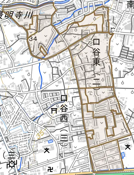 口谷東とその周辺の地図。町の範囲を重ねている