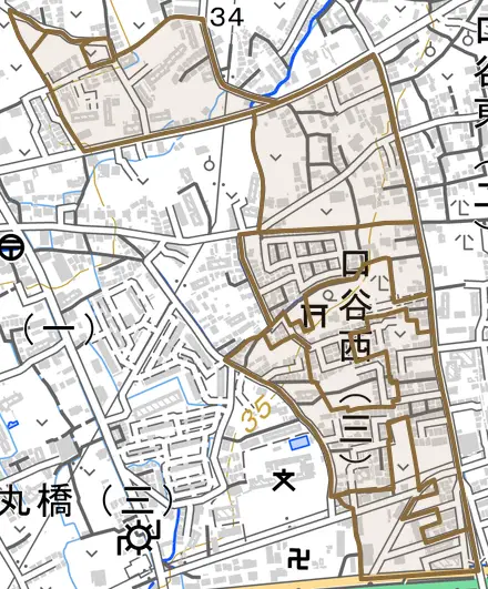 口谷西とその周辺の地図。町の範囲を重ねている