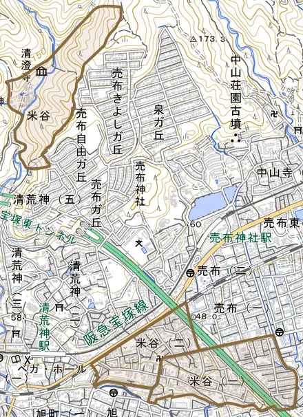米谷とその周辺の地図。町の範囲を重ねている