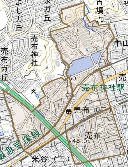 売布とその周辺の地図。町の範囲を重ねている