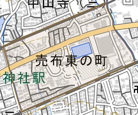 売布東の町とその周辺の地図。町の範囲を重ねている