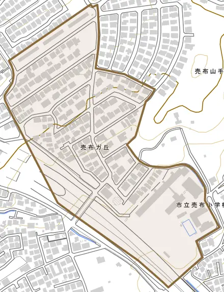 売布ガ丘とその周辺の地図。町の範囲を重ねている