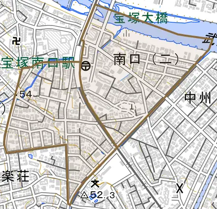 南口とその周辺の地図。町の範囲を重ねている