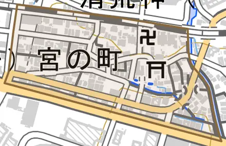 宮の町とその周辺の地図。町の範囲を重ねている