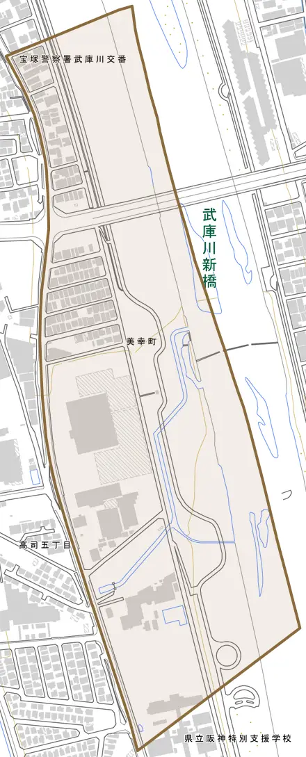 美幸町とその周辺の地図。町の範囲を重ねている