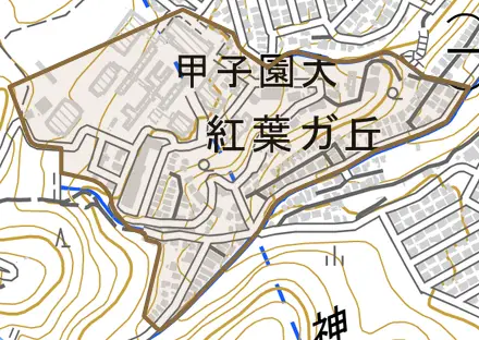 紅葉ガ丘とその周辺の地図。町の範囲を重ねている